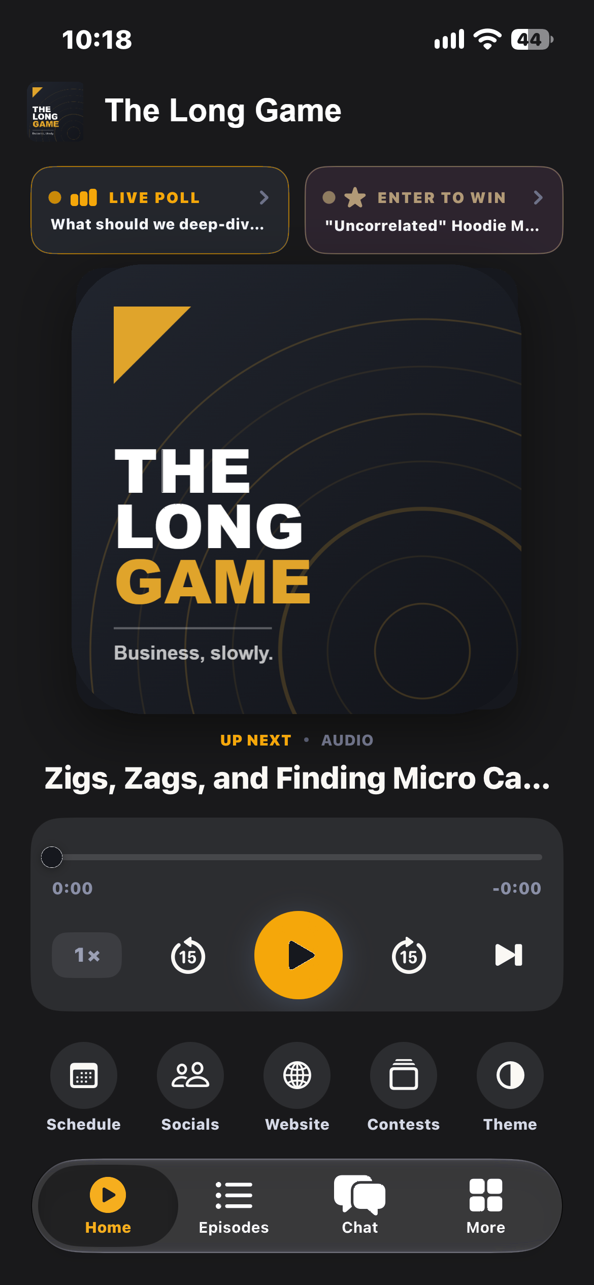 The Long Game app home screen with player, live poll and contest